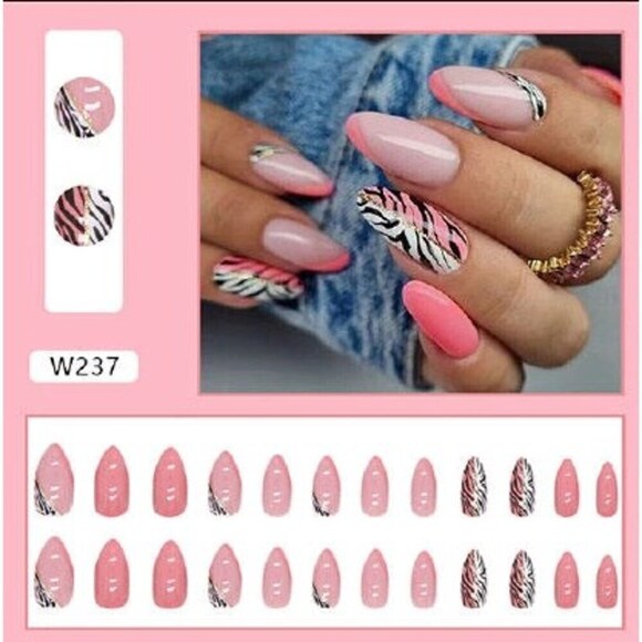 Pink Zebra Press On Nail Set - Picture 1 of 2